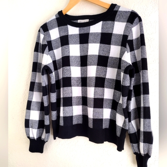 Marled Black And White Checkered Crewneck Pullover Sweater - Picture 4 of 6